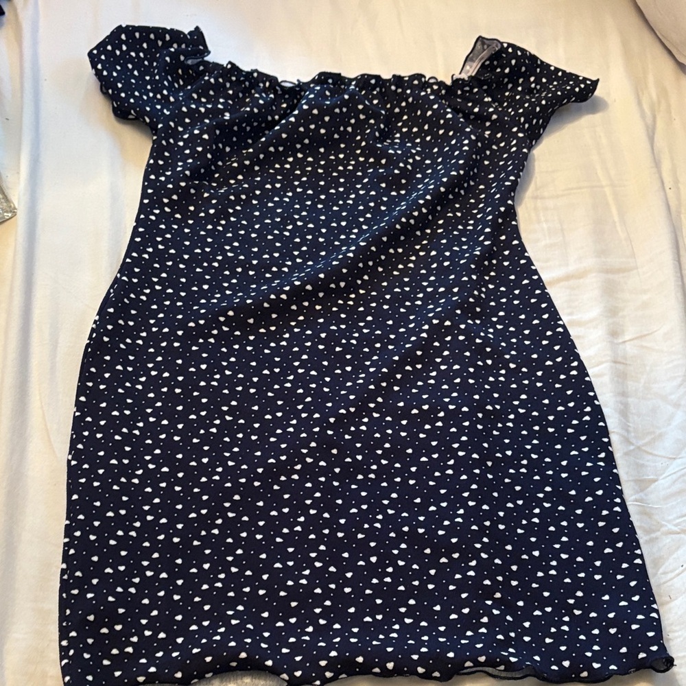 Navy Blue Off-Shoulder Dress with White Hearts